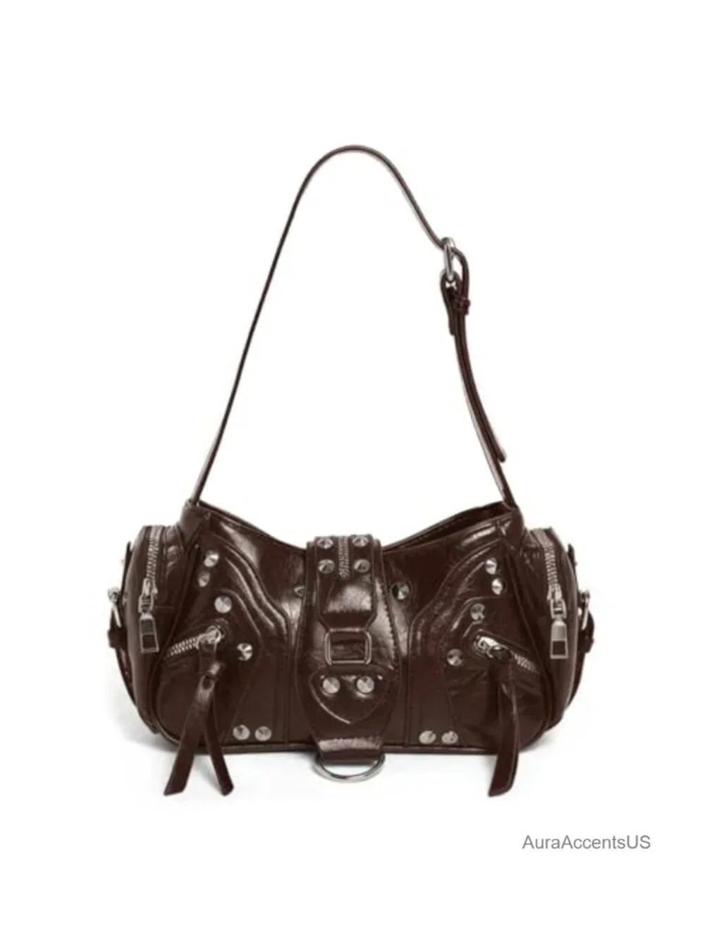 Y2K Studded Faux Leather Hobo Shoulder Bag with Buckle Flap Closure
